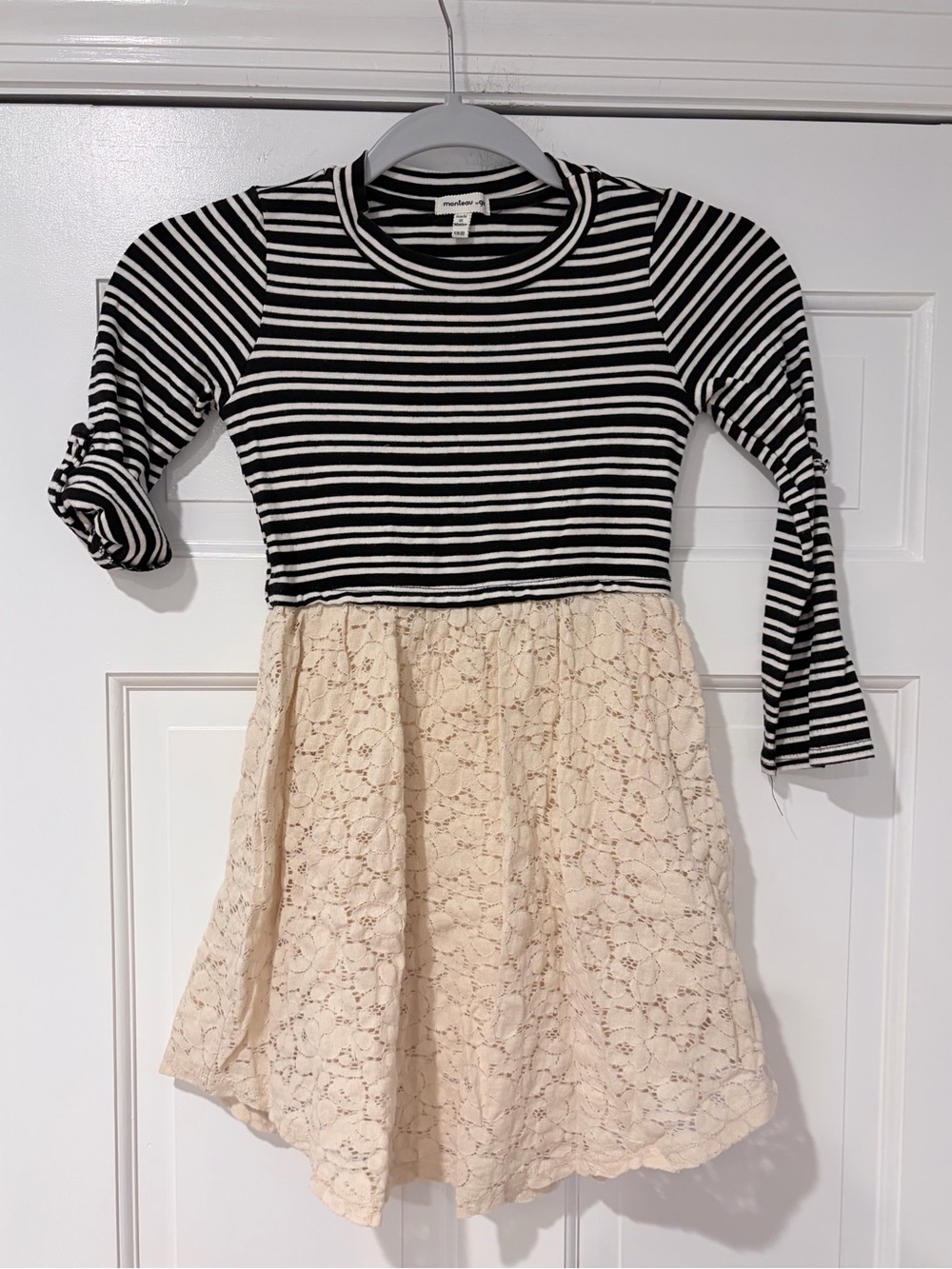 Monteau Girl Black & White Striped Top with Cream Lace Skirt Dress